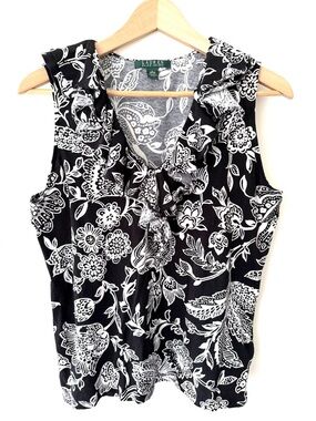 Ralph Lauren Black & White Floral Ruffle V-Neck Sleeveless Top Bohemian Romantic